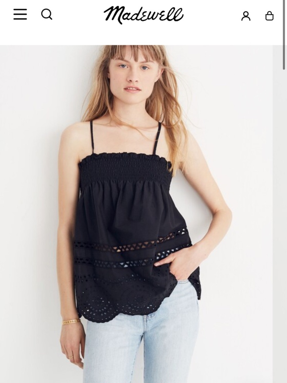 Madewell Black Smocked Eyelet Top